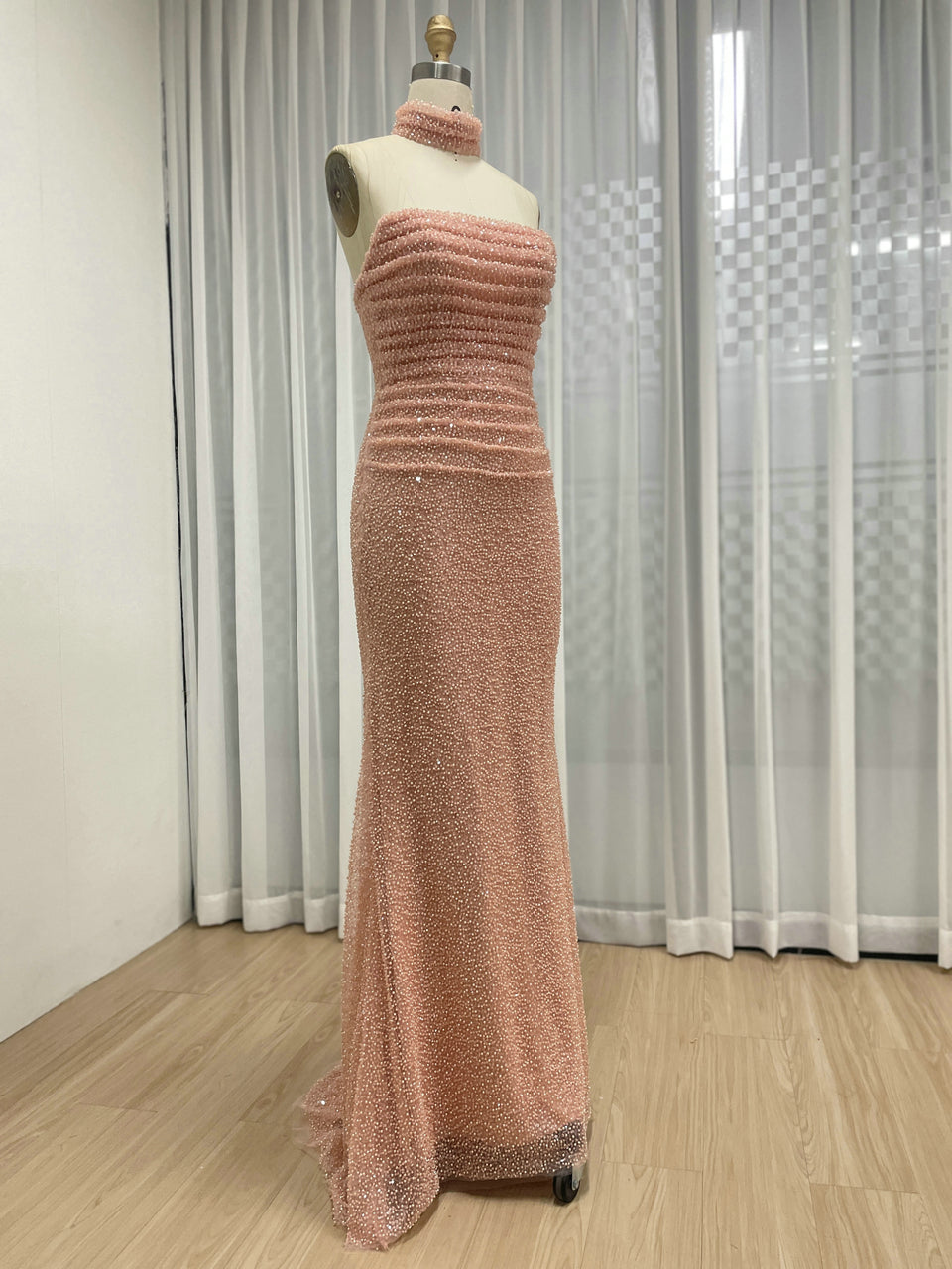 Elegant Pink Sequin Mermaid Gown with Off-Shoulder Sleeves and Choker Neckline MY30176