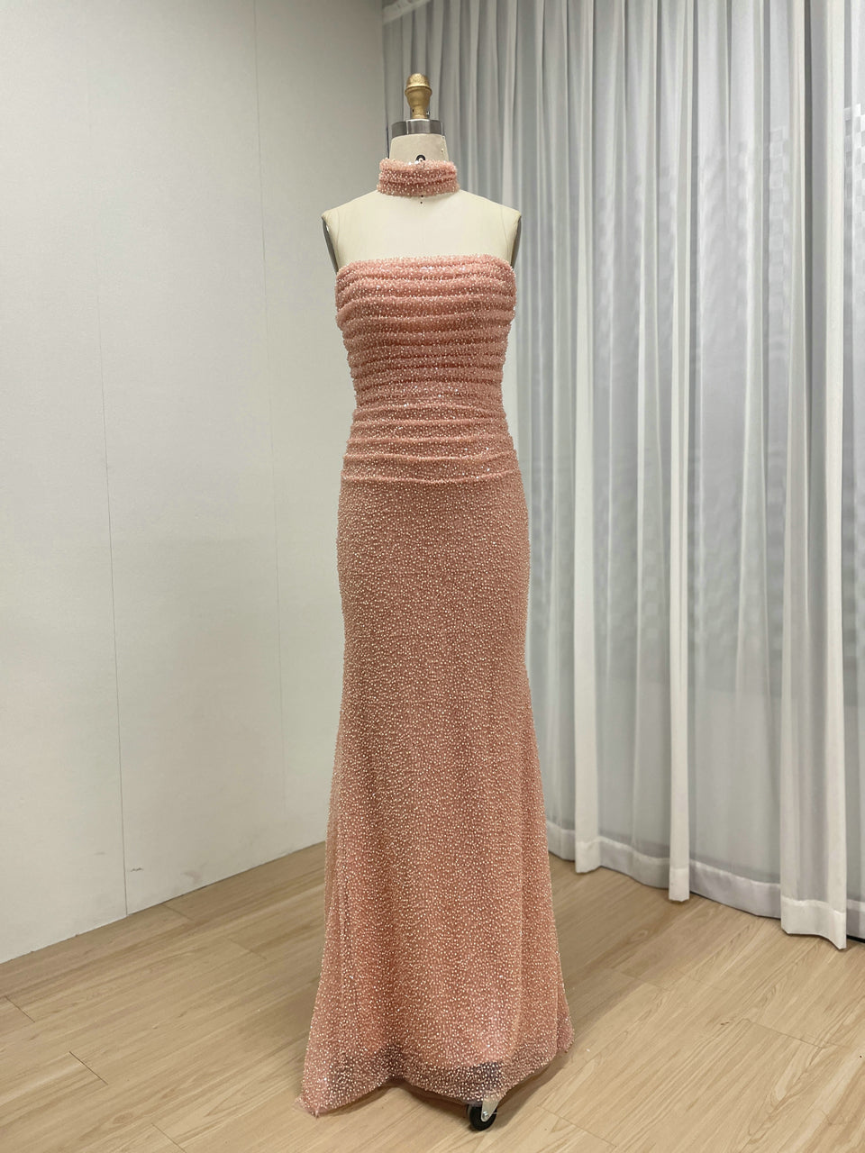 Elegant Pink Sequin Mermaid Gown with Off-Shoulder Sleeves and Choker Neckline MY30176