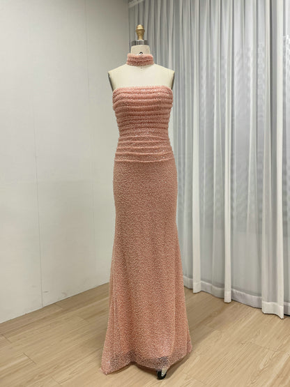 Elegant Pink Sequin Mermaid Gown with Off-Shoulder Sleeves and Choker Neckline MY30176