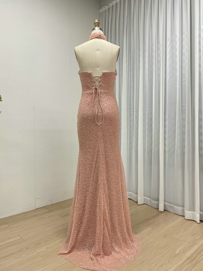 Elegant Pink Sequin Mermaid Gown with Off-Shoulder Sleeves and Choker Neckline MY30176