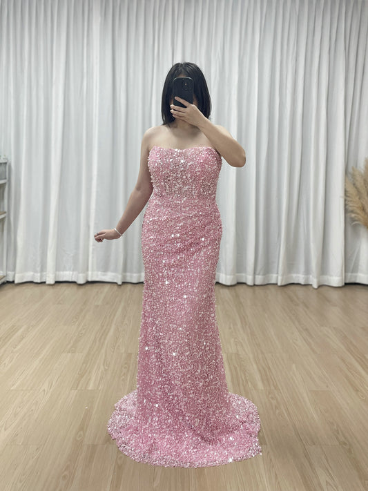 Chic Pink Sparkly Beaed Mermaid Prom Dress Strapless Evening Gown MY30177