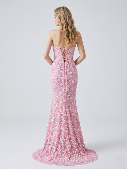 Chic Pink Sparkly Beaed Mermaid Prom Dress Strapless Evening Gown MY30177
