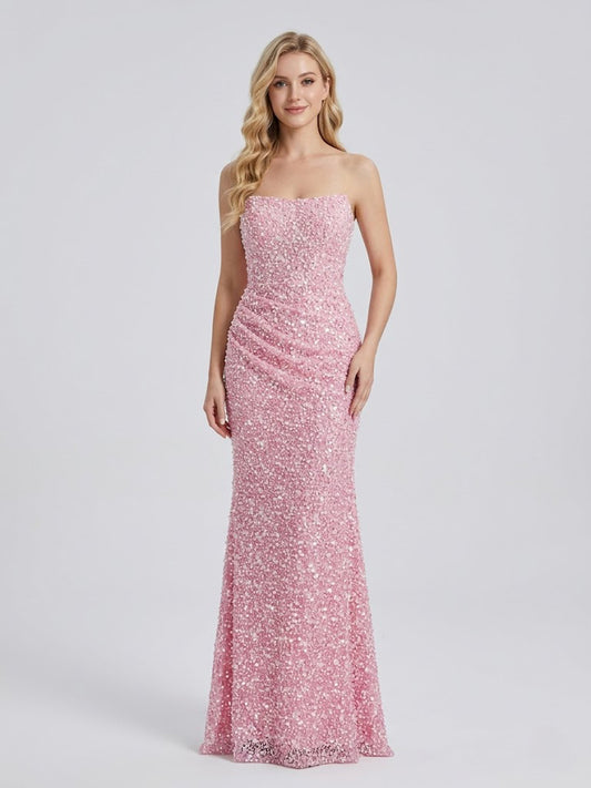 Chic Pink Sparkly Beaed Mermaid Prom Dress Strapless Evening Gown MY30177