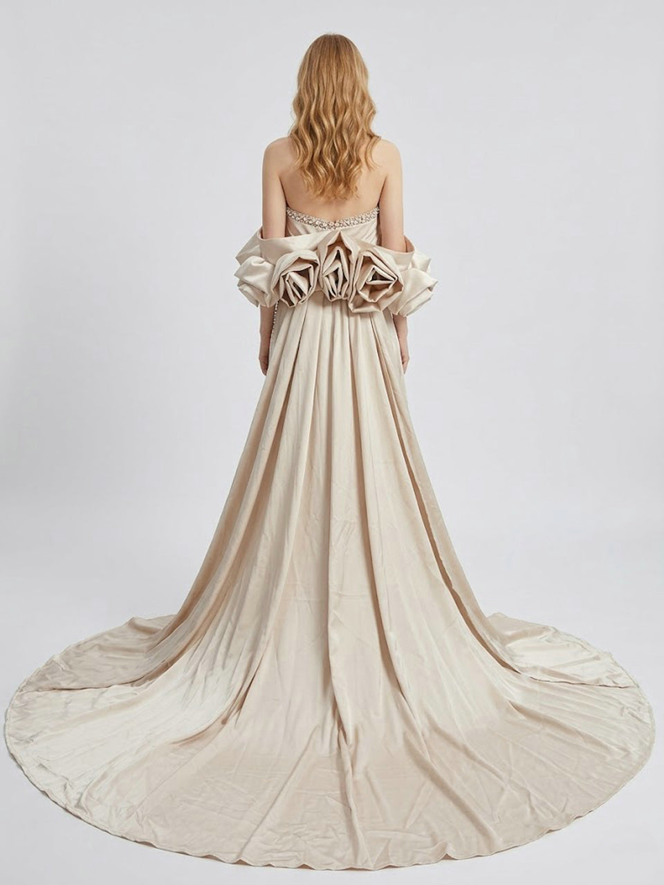 Luxury Pearl Beaded Strapless Wedding Gown with 3D Rose Sleeves Satin Overskirt MY30178