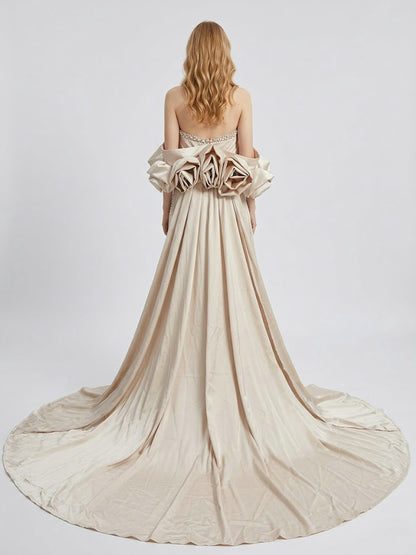 Luxury Pearl Beaded Strapless Wedding Gown with 3D Rose Sleeves Satin Overskirt MY30178