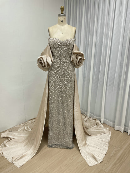 Luxury Pearl Beaded Strapless Wedding Gown with 3D Rose Sleeves Satin Overskirt MY30178