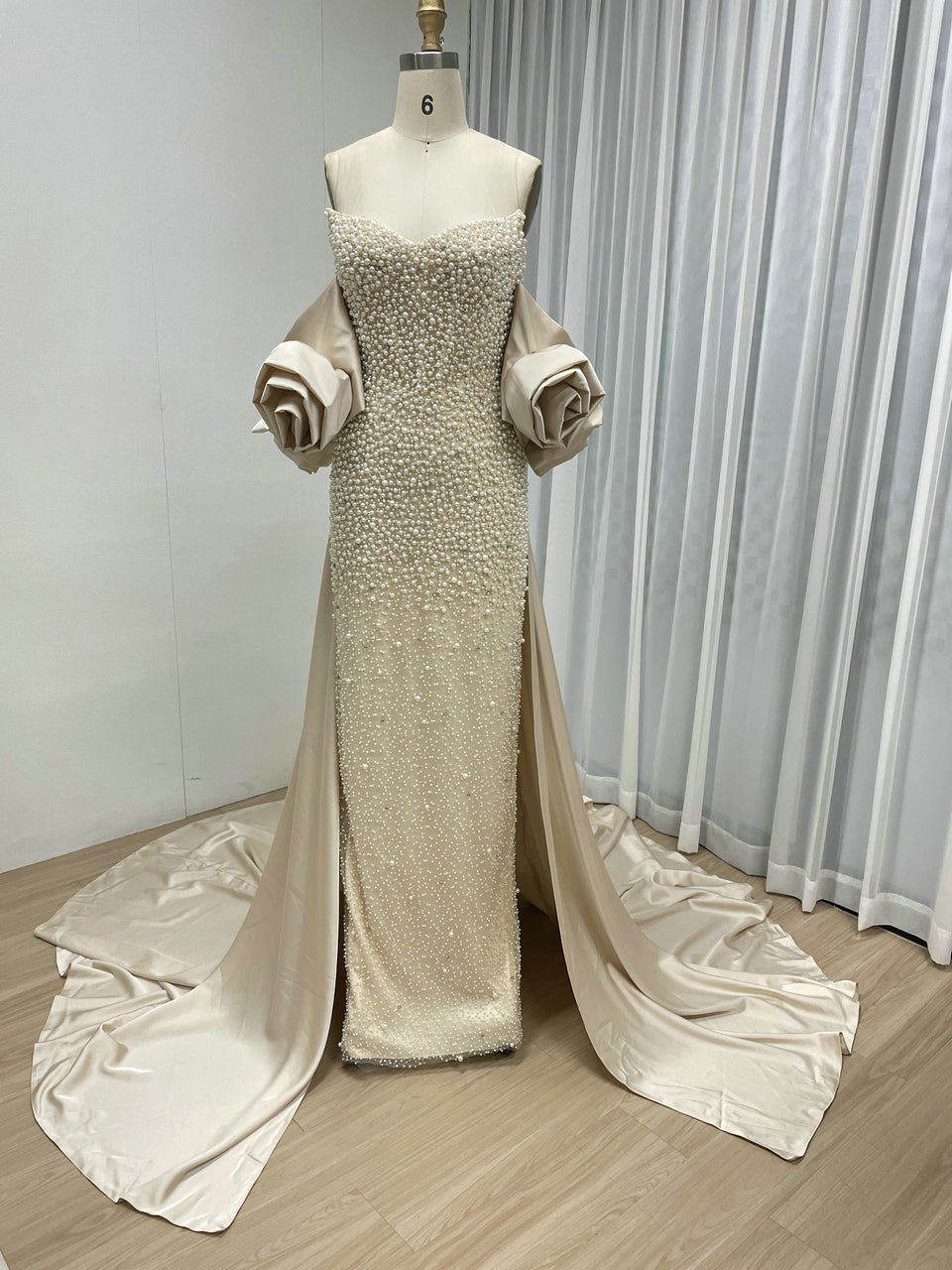 Luxury Pearl Beaded Strapless Wedding Gown with 3D Rose Sleeves Satin Overskirt MY30178