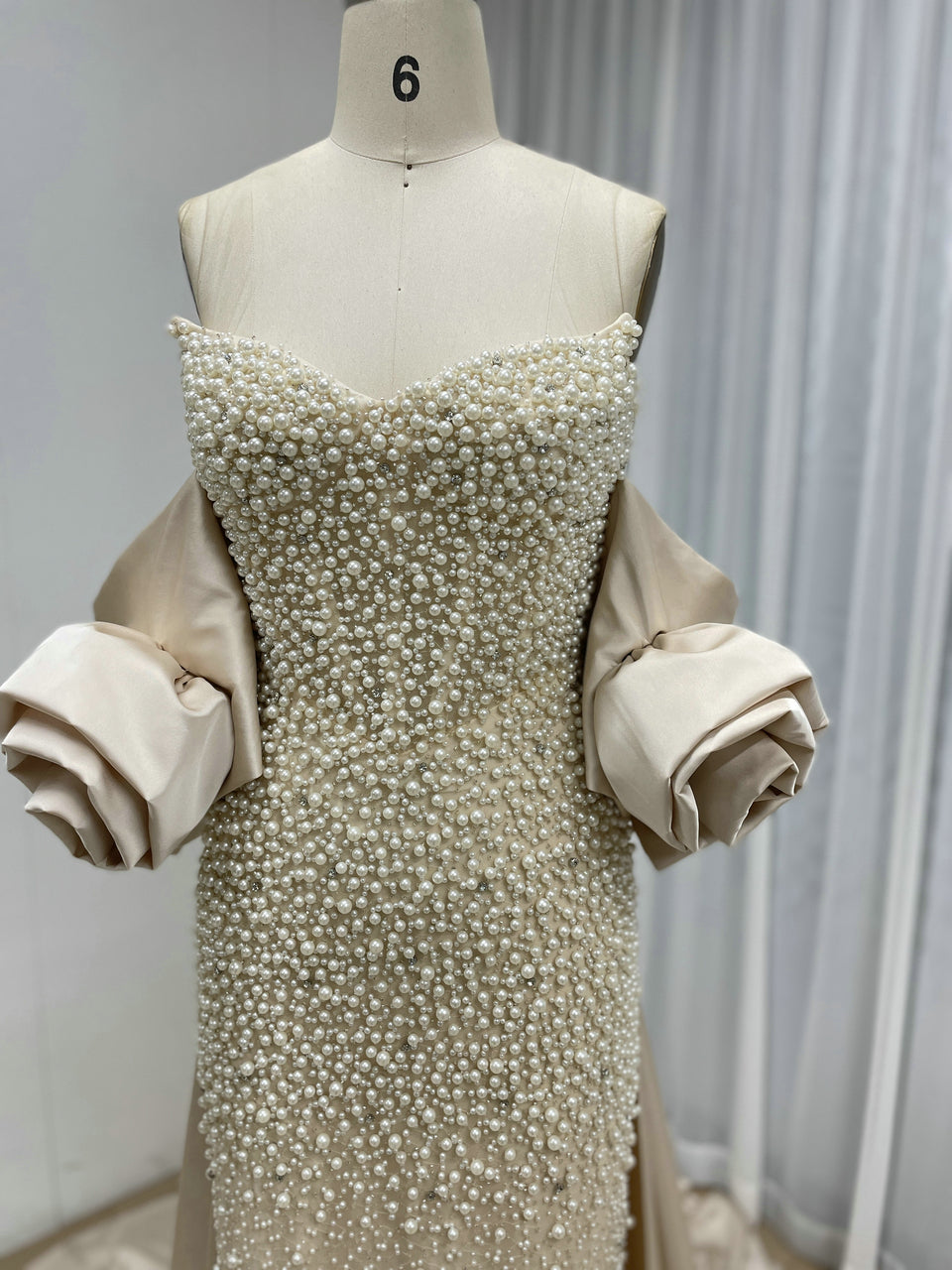 Luxury Pearl Beaded Strapless Wedding Gown with 3D Rose Sleeves Satin Overskirt MY30178