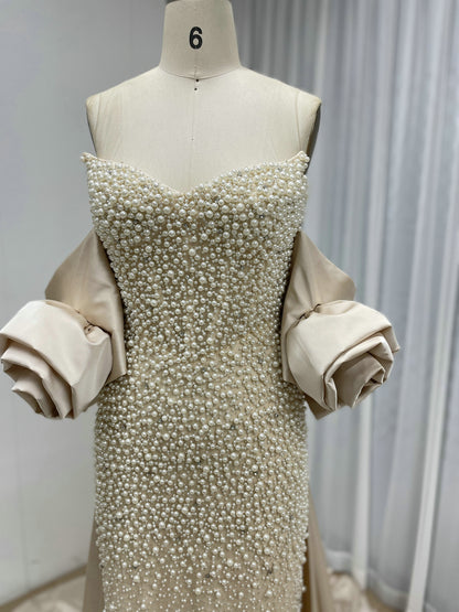 Luxury Pearl Beaded Strapless Wedding Gown with 3D Rose Sleeves Satin Overskirt MY30178