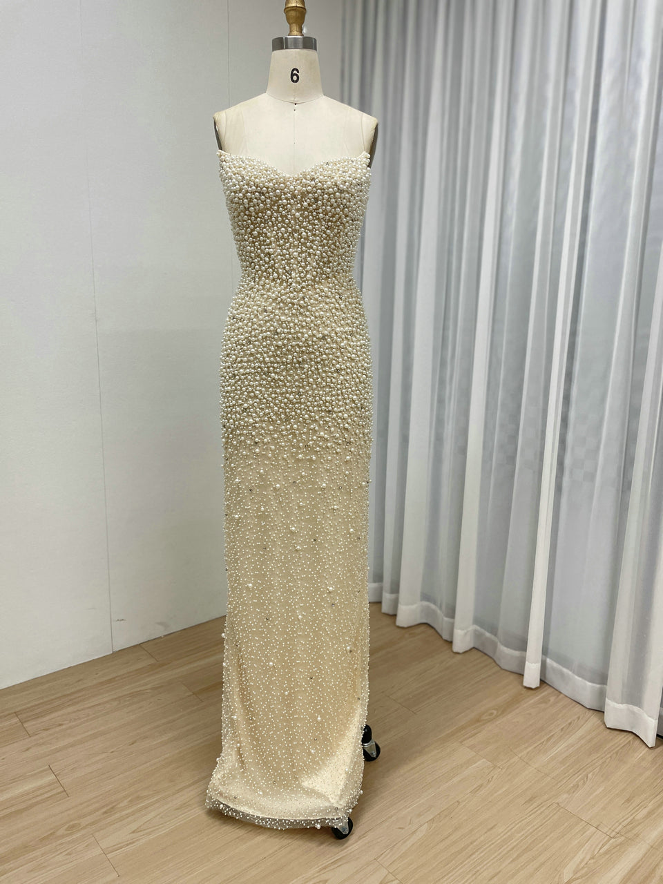 Luxury Pearl Beaded Strapless Wedding Gown with 3D Rose Sleeves Satin Overskirt MY30178