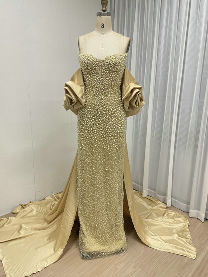 Luxury Pearl Beaded Strapless Wedding Gown with 3D Rose Sleeves Satin Overskirt MY30178