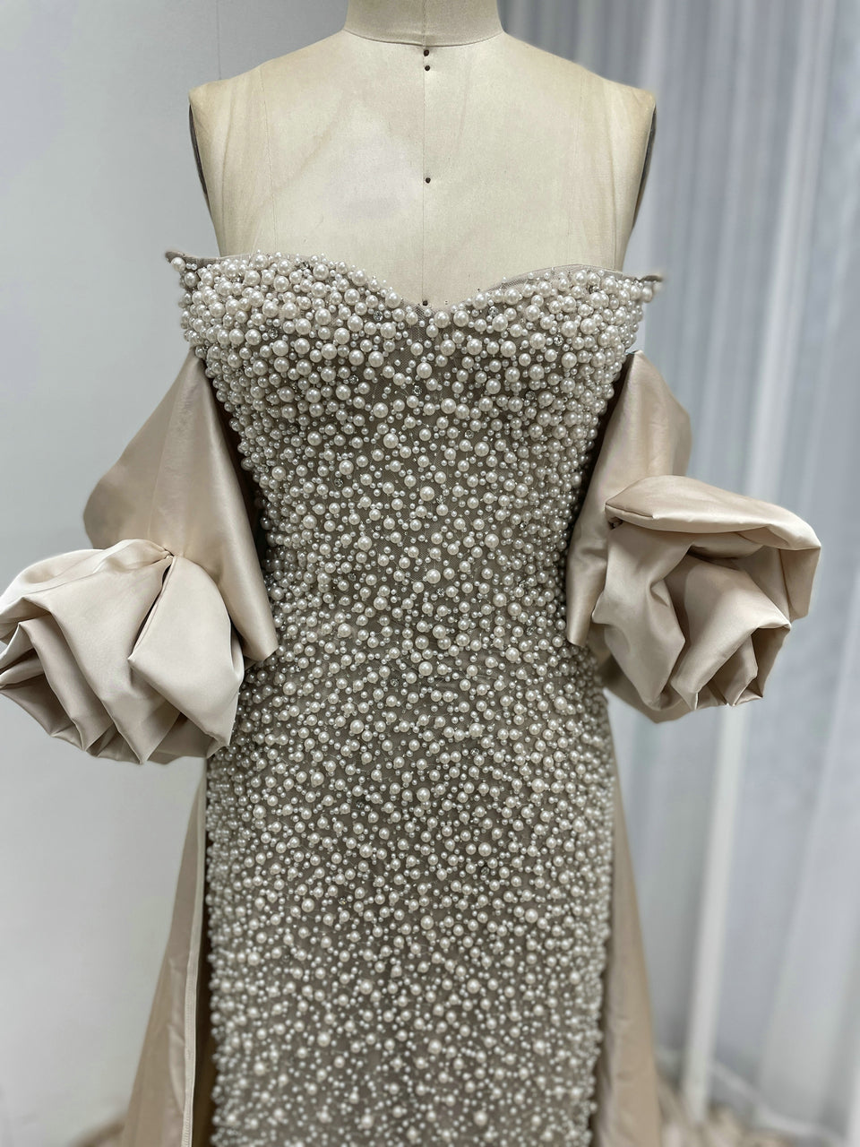 Luxury Pearl Beaded Strapless Wedding Gown with 3D Rose Sleeves Satin Overskirt MY30178