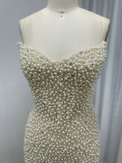Luxury Pearl Beaded Strapless Wedding Gown with 3D Rose Sleeves Satin Overskirt MY30178
