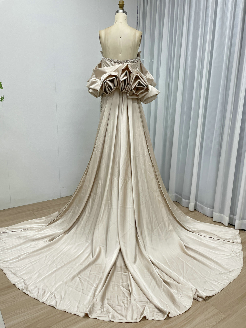 Luxury Pearl Beaded Strapless Wedding Gown with 3D Rose Sleeves Satin Overskirt MY30178