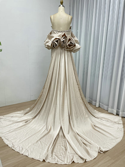 Luxury Pearl Beaded Strapless Wedding Gown with 3D Rose Sleeves Satin Overskirt MY30178