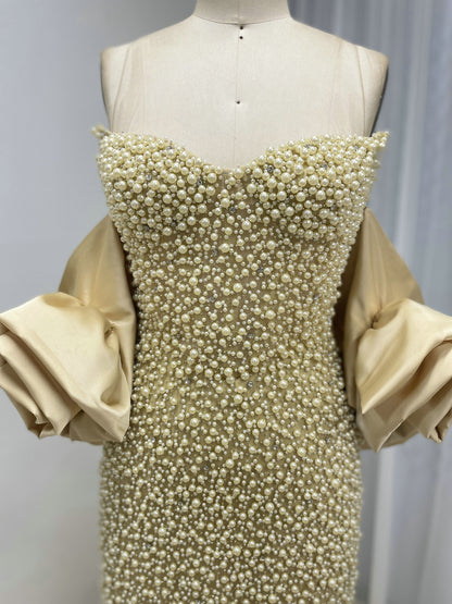 Luxury Pearl Beaded Strapless Wedding Gown with 3D Rose Sleeves Satin Overskirt MY30178