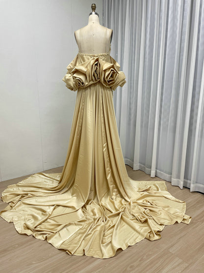 Luxury Pearl Beaded Strapless Wedding Gown with 3D Rose Sleeves Satin Overskirt MY30178