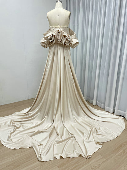 Luxury Pearl Beaded Strapless Wedding Gown with 3D Rose Sleeves Satin Overskirt MY30178