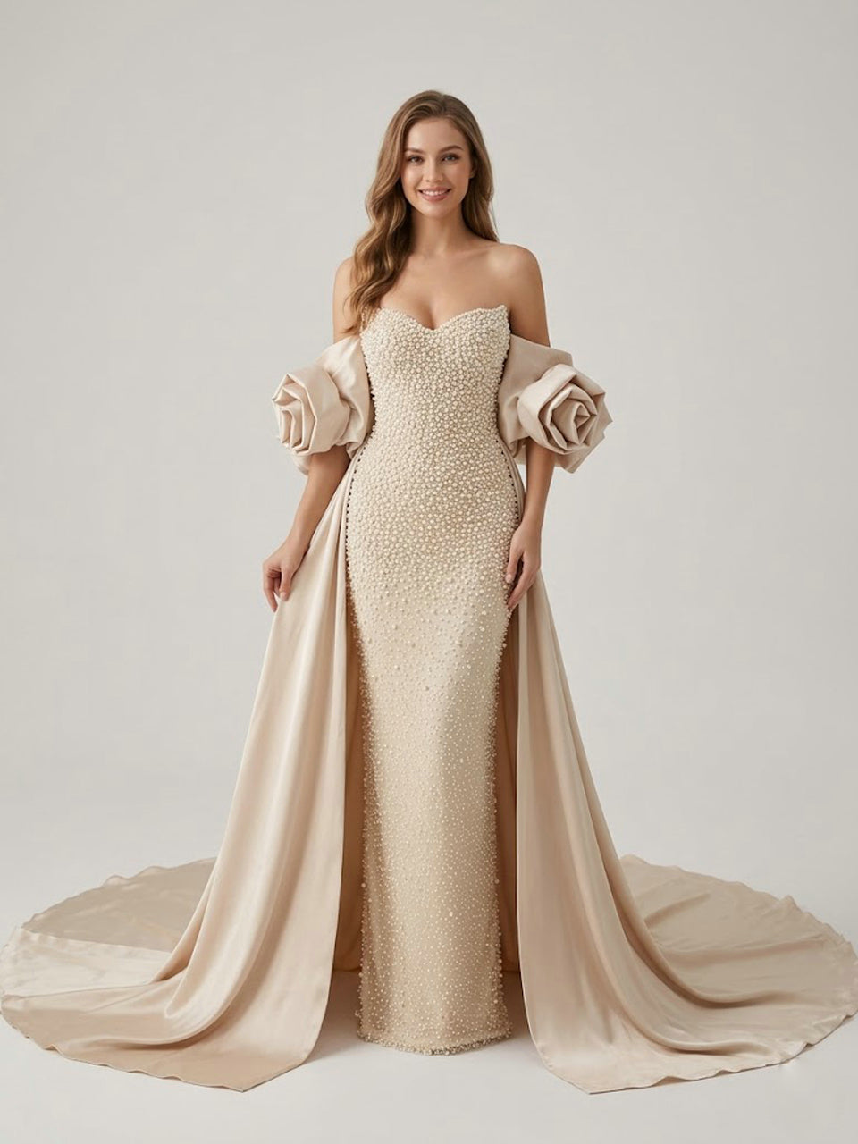 Luxury Pearl Beaded Strapless Wedding Gown with 3D Rose Sleeves Satin Overskirt MY30178