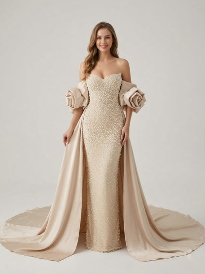 Luxury Pearl Beaded Strapless Wedding Gown with 3D Rose Sleeves Satin Overskirt MY30178