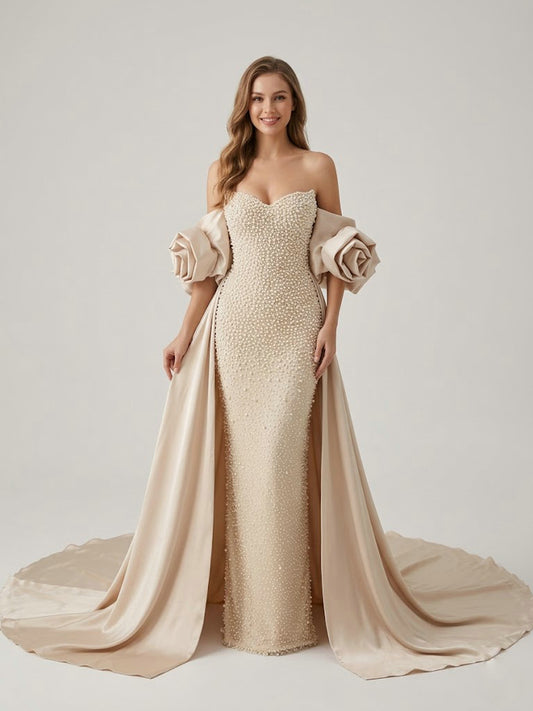 Luxury Pearl Beaded Strapless Wedding Gown with 3D Rose Sleeves Satin Overskirt MY30178