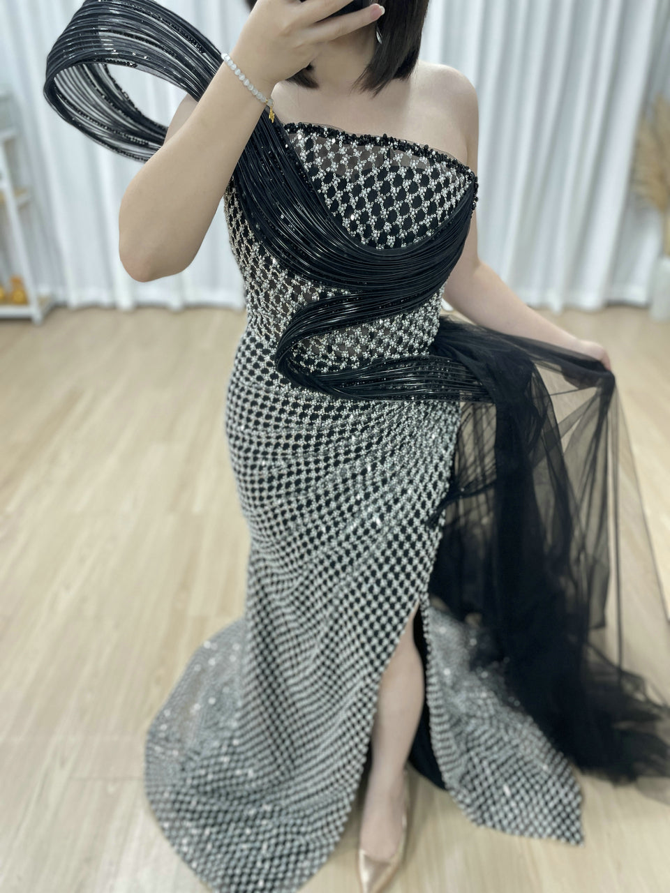 Dramatic Silver Black Net Pattern Beaded Formal Gown One-Shoulder Mermaid Prom MY30179