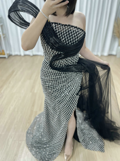 Dramatic Silver Black Net Pattern Beaded Formal Gown One-Shoulder Mermaid Prom MY30179