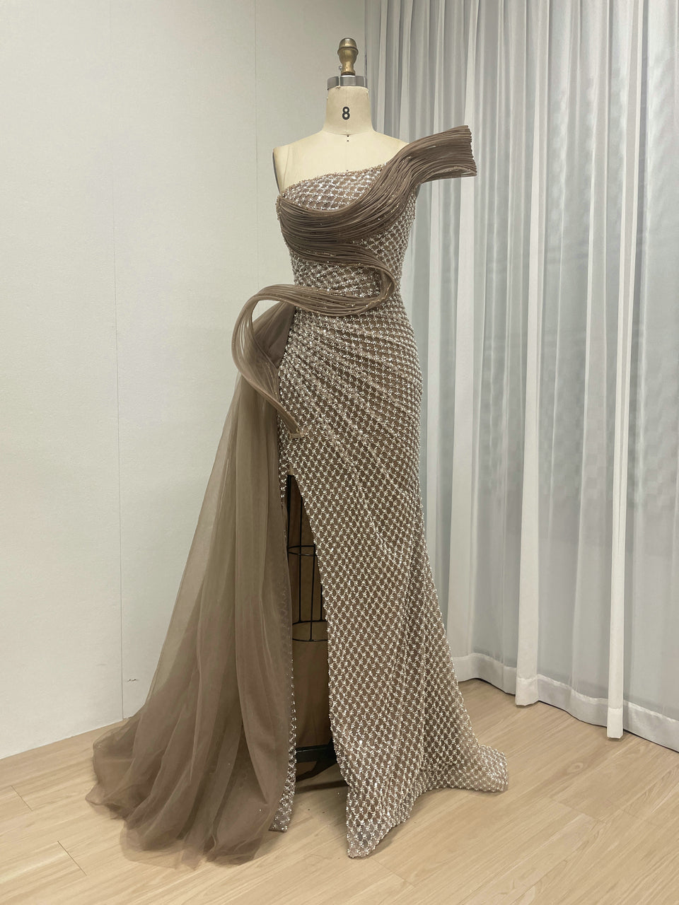 Dramatic Silver Black Net Pattern Beaded Formal Gown One-Shoulder Mermaid Prom MY30179