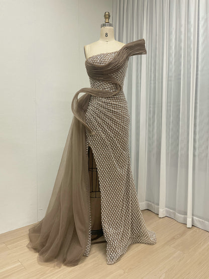Dramatic Silver Black Net Pattern Beaded Formal Gown One-Shoulder Mermaid Prom MY30179