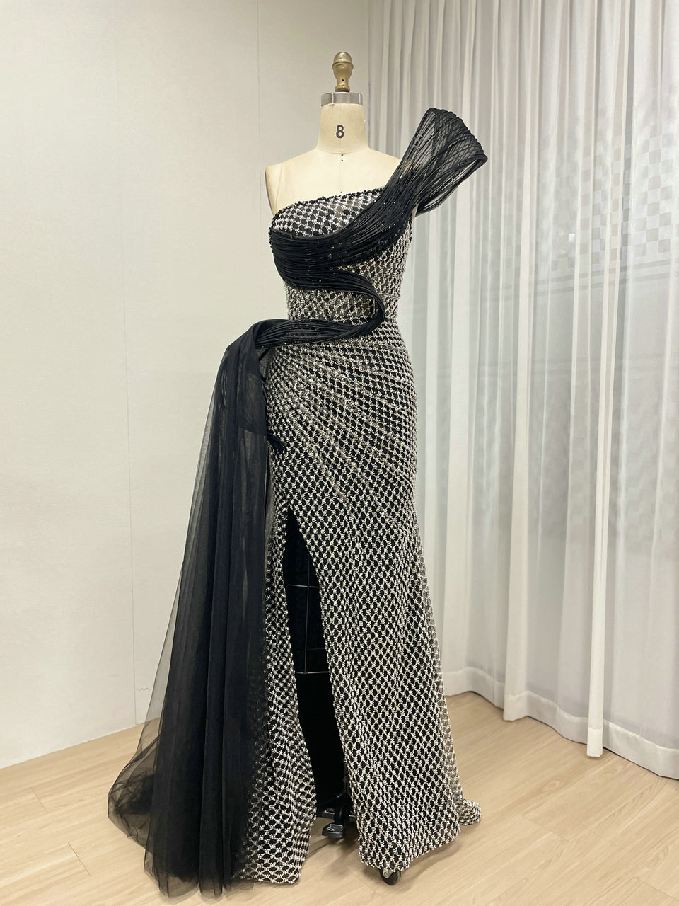 Dramatic Silver Black Net Pattern Beaded Formal Gown One-Shoulder Mermaid Prom MY30179