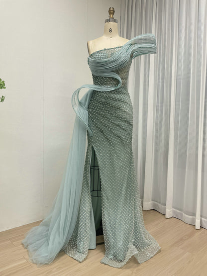 Dramatic Silver Black Net Pattern Beaded Formal Gown One-Shoulder Mermaid Prom MY30179
