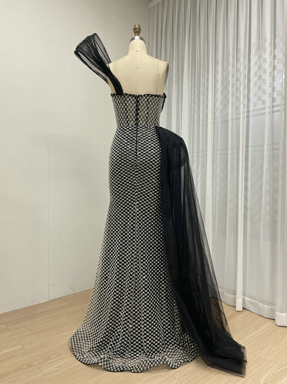 Dramatic Silver Black Net Pattern Beaded Formal Gown One-Shoulder Mermaid Prom MY30179