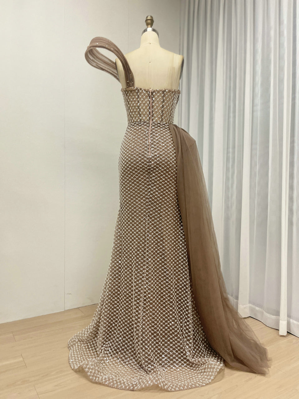 Dramatic Silver Black Net Pattern Beaded Formal Gown One-Shoulder Mermaid Prom MY30179