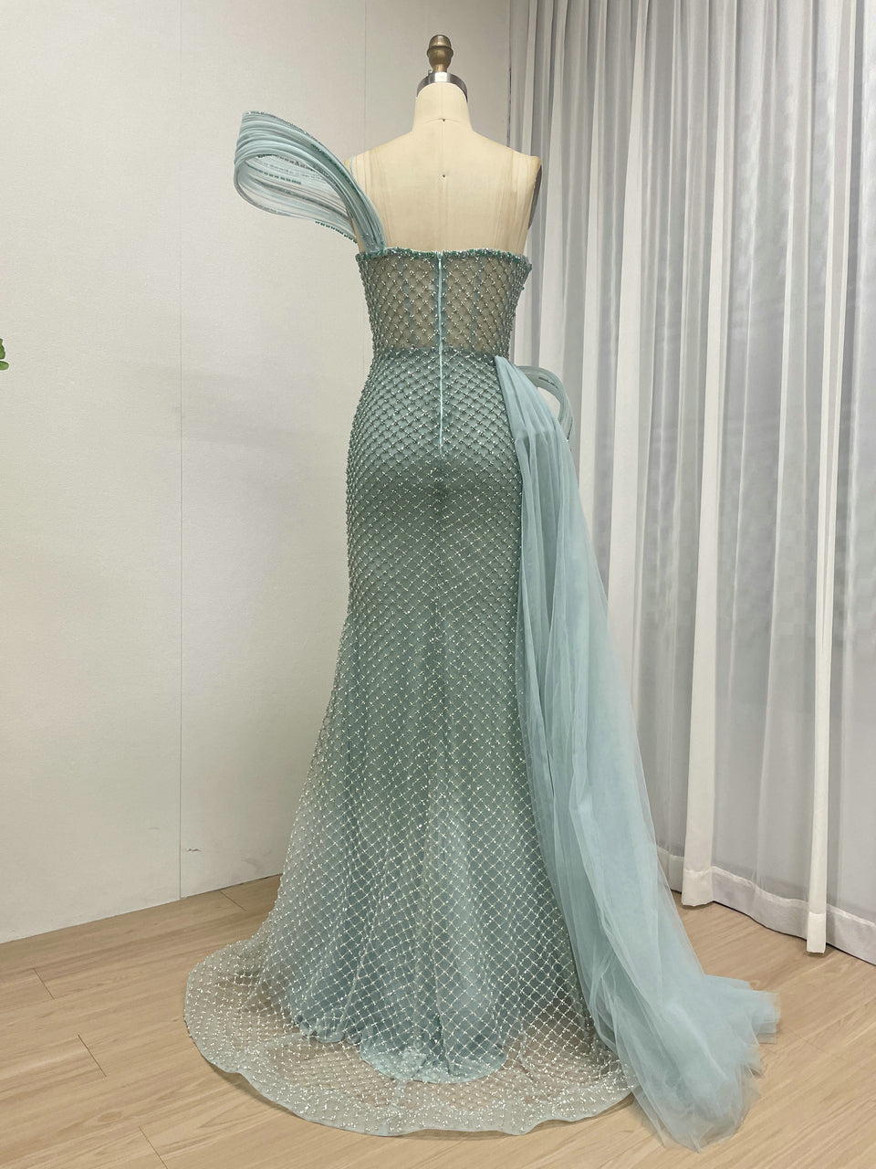 Dramatic Silver Black Net Pattern Beaded Formal Gown One-Shoulder Mermaid Prom MY30179