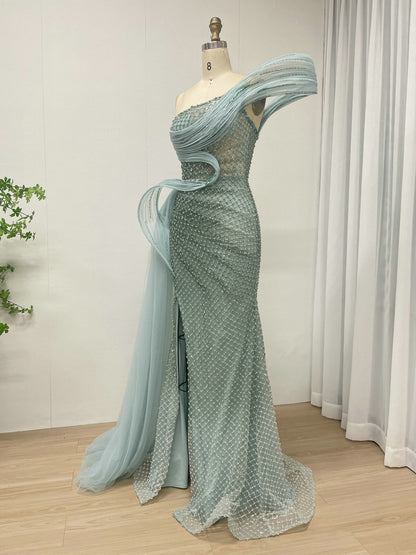 Dramatic Silver Black Net Pattern Beaded Formal Gown One-Shoulder Mermaid Prom MY30179