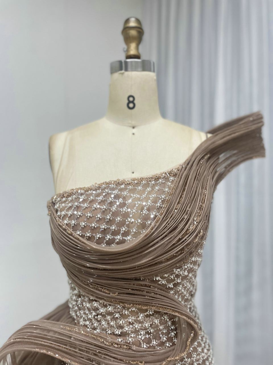 Dramatic Silver Black Net Pattern Beaded Formal Gown One-Shoulder Mermaid Prom MY30179