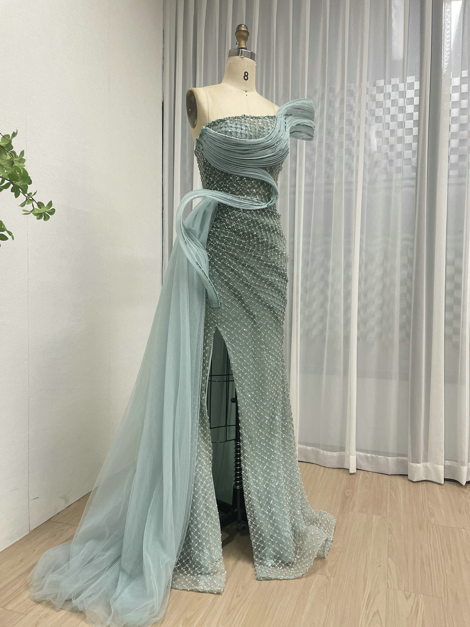 Dramatic Silver Black Net Pattern Beaded Formal Gown One-Shoulder Mermaid Prom MY30179
