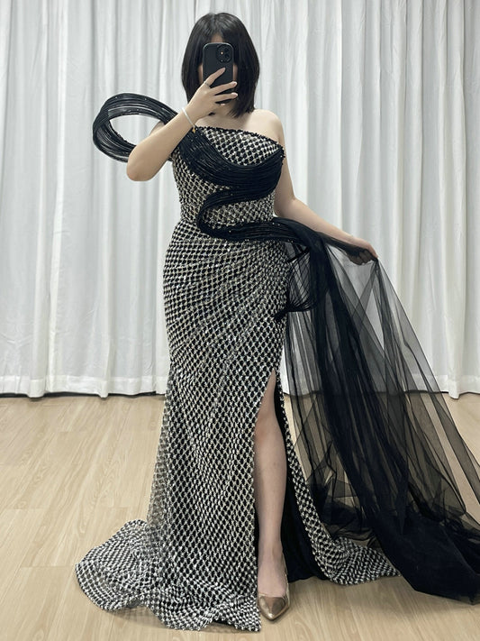 Dramatic Silver Black Net Pattern Beaded Formal Gown One-Shoulder Mermaid Prom MY30179