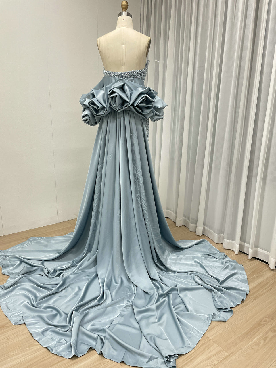 Pearl Embellished Light Green Prom Gown with 3D Rose Sleeves MY30180