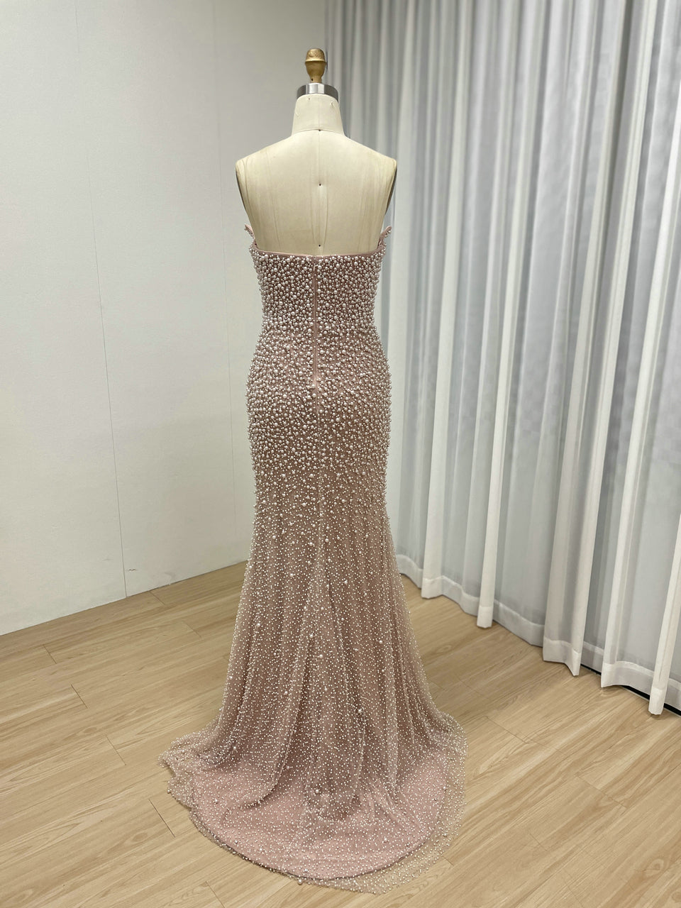 Pearl Embellished Light Green Prom Gown with 3D Rose Sleeves MY30180