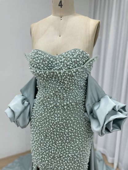 Pearl Embellished Light Green Prom Gown with 3D Rose Sleeves MY30180