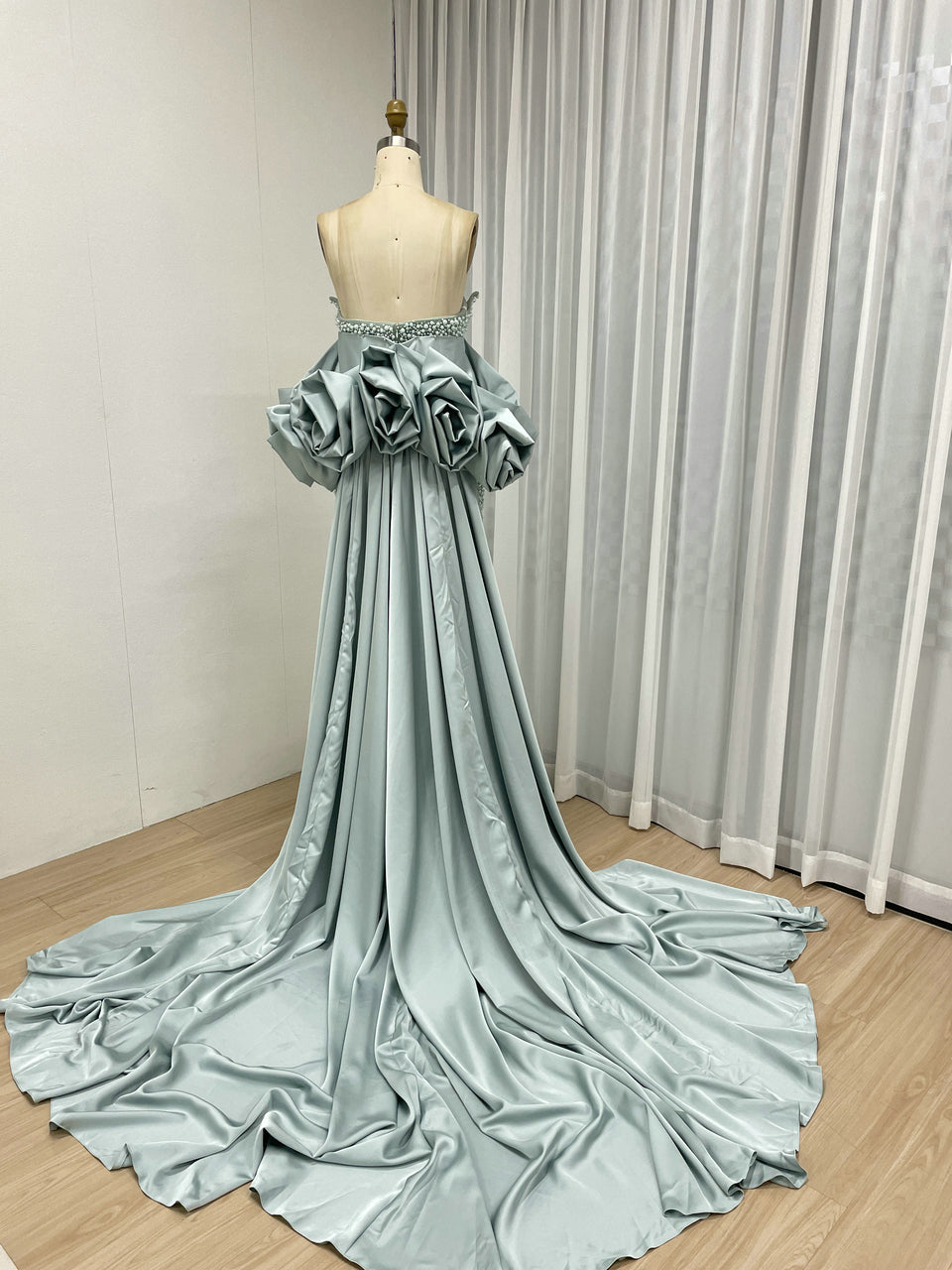 Pearl Embellished Light Green Prom Gown with 3D Rose Sleeves MY30180