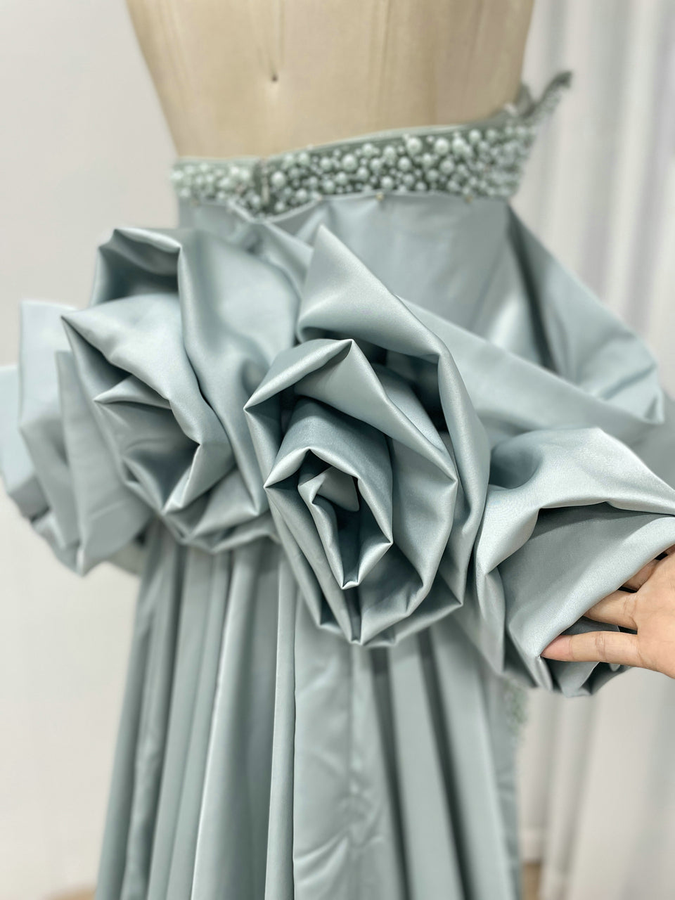Pearl Embellished Light Green Prom Gown with 3D Rose Sleeves MY30180