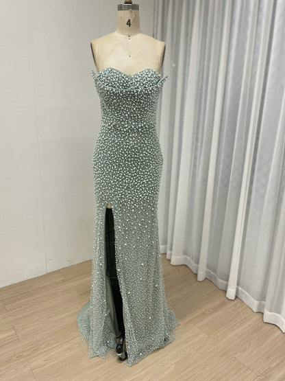 Pearl Embellished Light Green Prom Gown with 3D Rose Sleeves MY30180