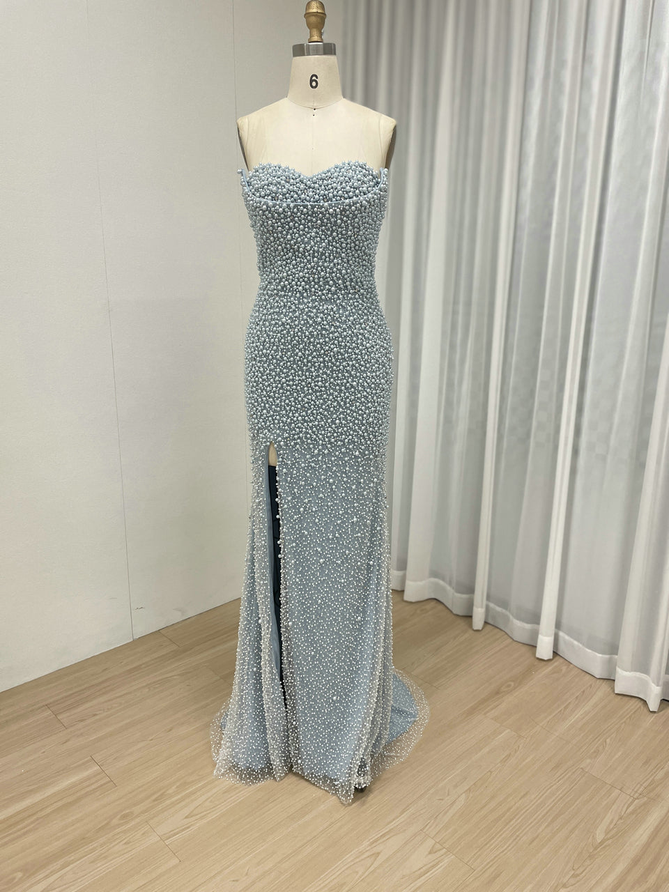 Pearl Embellished Light Green Prom Gown with 3D Rose Sleeves MY30180