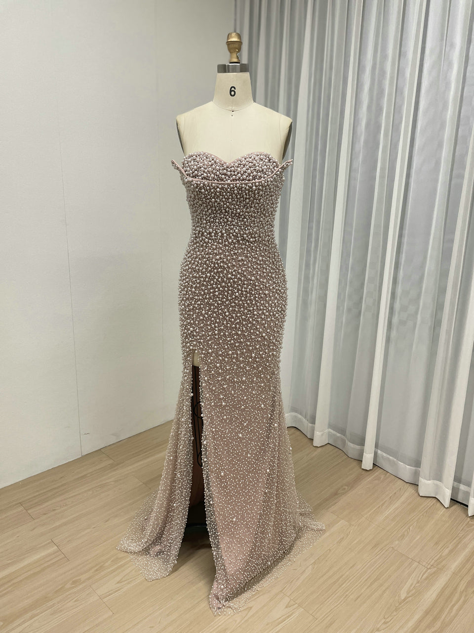 Pearl Embellished Light Green Prom Gown with 3D Rose Sleeves MY30180