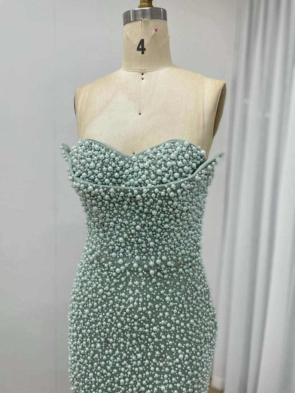 Pearl Embellished Light Green Prom Gown with 3D Rose Sleeves MY30180