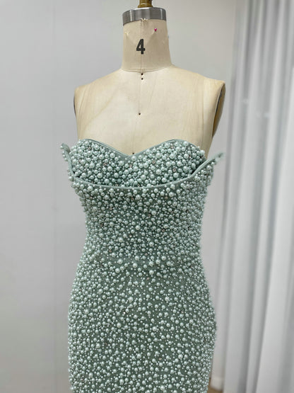 Pearl Embellished Light Green Prom Gown with 3D Rose Sleeves MY30180