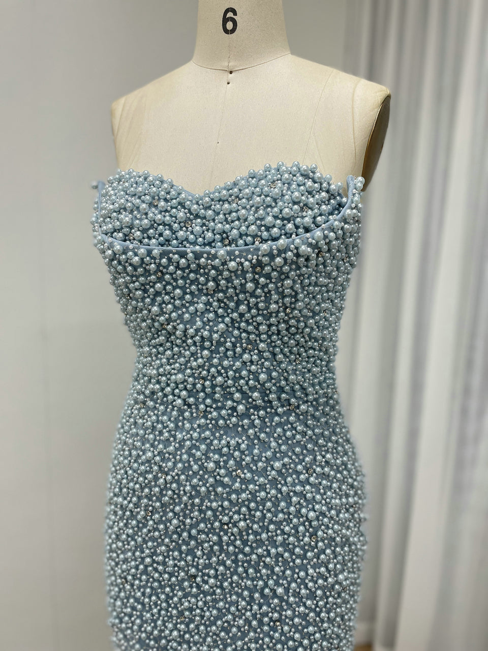 Pearl Embellished Light Green Prom Gown with 3D Rose Sleeves MY30180