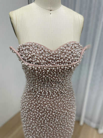 Pearl Embellished Light Green Prom Gown with 3D Rose Sleeves MY30180